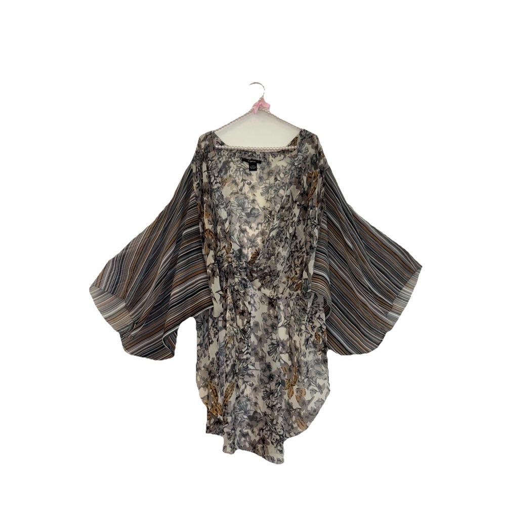 Cejon‎ Floral Striped Kimono Wrap Top OSFM Grey Tan Chiffon Mixed Print Blouse